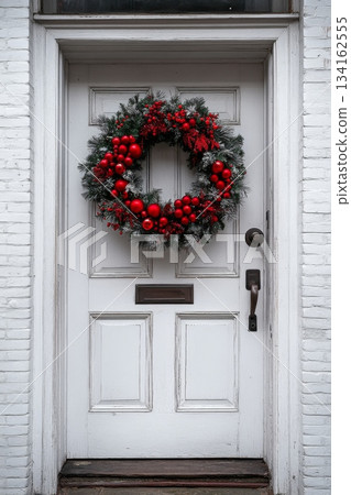 Christmas wreath with red ribbon and pine cones hangs on white door 134162555