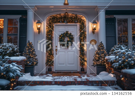 White door with wreath is surrounded by Christmas trees and brick walkway White door with wreath is surrounded by Christmas trees and brick walkway 134162556