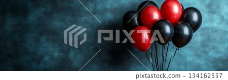 Bunch of red and black balloons are floating in the air with copy space Bunch of red and black balloons are floating in the air with copy space 134162557