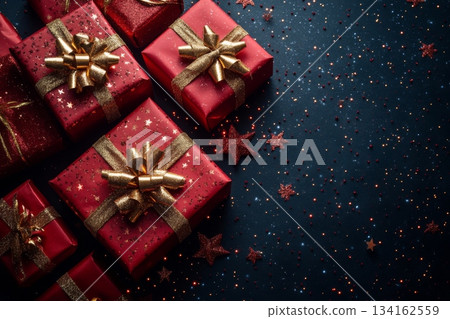 Bunch of red boxes with gold bows on them are on black background Bunch of red boxes with gold bows on them are on black background 134162559