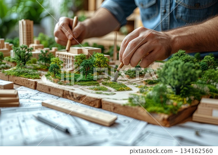 Man is drawing a model of a city with a brush Man is drawing a model of a city with a brush 134162560