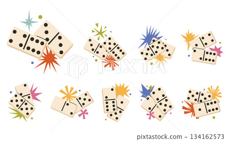 Set of fun domino game pieces with bold star compositions in bright cartoon flat style. 134162573