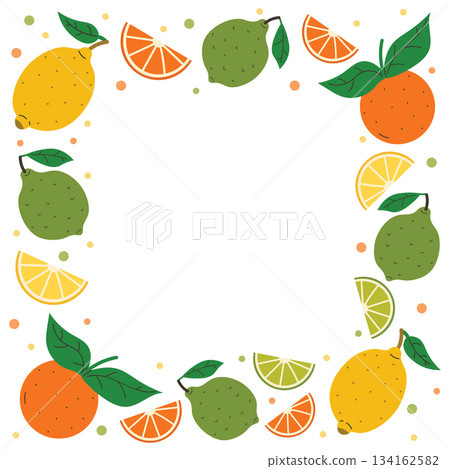 Colorful square citrus fruit frame with lemon, orange, lime slices, green leaves and small dot elements. 134162582