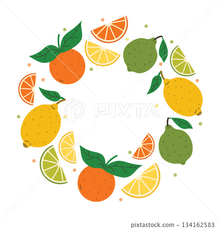 Decorative round border with citrus fruits. Lemon, orange, lime, wedges and fresh green leaves with tiny dots. Decorative round border with citrus fruits. Lemon, orange, lime, wedges and fresh green leaves with tiny dots. 134162583