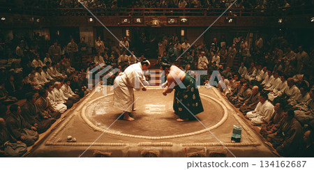 Sumo wrestling match in Japan showcasing traditional sport and cultural heritage 134162687
