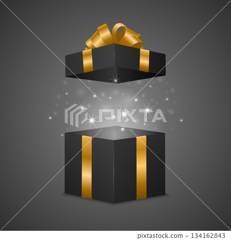 Black Gift Box with Golden Ribbon, Shiny Magic Light, Vector Illustration. Luxury Open Present, Premium Holiday Packaging Template for Christmas, New Year, Birthday, VIP Reward, Sale, Promotion Design 134162843