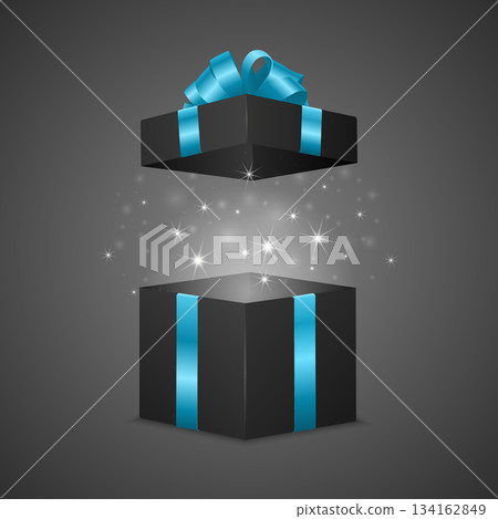 Open Black Gift Box with Blue Ribbon and Magic Glow, Vector Illustration. Luxury 3d Gift Box on Dark Background For Holiday Surprise, Christmas, Birthday, New Year Design Open Black Gift Box with Blue Ribbon and Magic Glow, Vector Illustration. Luxury 3d Gift Box on Dark Background For Holiday Surprise, Christmas, Birthday, New Year Design 134162849