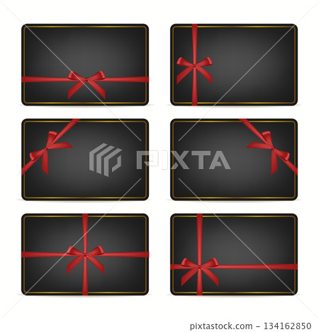 Black Gift Cards Set with Red Ribbon Bows, Isolated. Festive Vector Voucher Coupon and Loyalty Card Templates for Black Friday Christmas Valentines Day Birthday Sale and Holiday Promotion Design 134162850