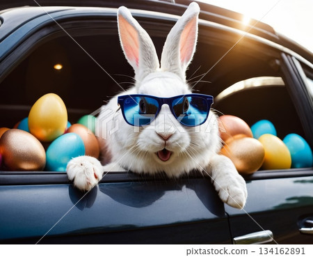 A cool bunny in shades pops out of a car overflowing with bright Easter eggs. 134162891