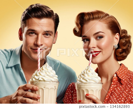 A couple shares one milkshake with two straws in a cute retro 50s diner scene. 134162893