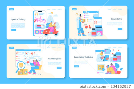 Vector illustration showcasing efficient pharmaceutical delivery and logistics. Includes visuals of delivery tracking, safety, prescription validation, and logistics optimization for medication 134162937
