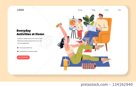Colorful vector illustration depicting a home setting where a person exercises with dumbbells, another works on a laptop, and a child observes a painting. Engaging daily activities. 134162940