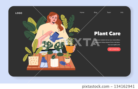 Vector illustration depicts a woman watering various potted plants, set against a website interface. The design is ideal for digital content related to gardening or plant care. 134162941