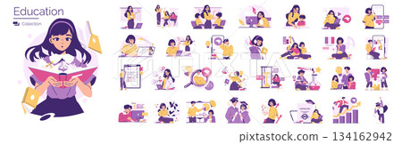 Education-themed vector illustration shows diverse students engaged in various learning activities. Scenes include reading, problem-solving, teaching, and exams, illustrating educational concepts. 134162942