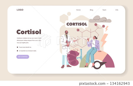 Vector illustration depicting a doctor discussing cortisol with a person. The image includes symbolic elements related to stress, health, and chemistry, creating an educational visual. 134162943