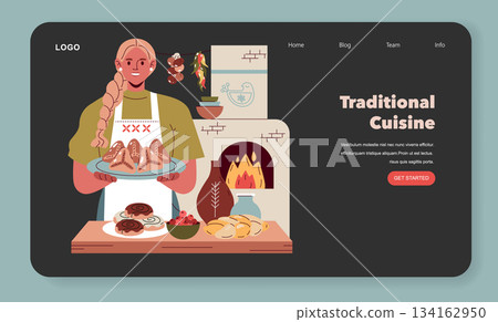 Traditional cuisine vector illustration featuring a smiling chef in an apron presenting freshly baked pastries. The background includes a rustic kitchen setup with bread and spices. Traditional cuisine vector illustration featuring a smiling chef in an apron presenting freshly baked pastries. The background includes a rustic kitchen setup with bread and spices. 134162950