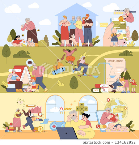 Vector illustration depicting various family activities and financial planning. Scenes include leisure activities, education, and financial transactions, highlighting diverse generational interactions 134162952