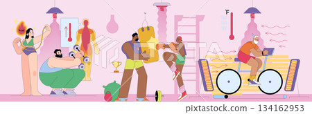 Colorful vector illustration showcasing diverse fitness activities including weightlifting, boxing, jump rope, and cycling. Characters are energetically engaged in various exercises. Colorful vector illustration showcasing diverse fitness activities including weightlifting, boxing, jump rope, and cycling. Characters are energetically engaged in various exercises. 134162953