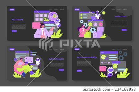 Vector illustration showcasing AI assistant, data collection, request submission, and accessibility increase. Characters interact with digital interfaces, highlighting technology integration. 134162958