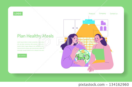 Colorful vector illustration of two friends happily discussing healthy meal plans. They are surrounded by kitchen elements, symbolizing a focus on nutrition and wellness. 134162960