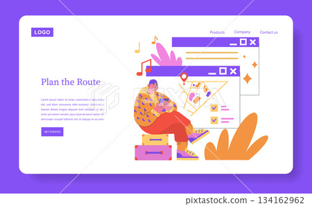 Vector illustration of a person planning a travel route on a laptop. The scene includes map elements and travel icons. The individual appears focused and relaxed with luggage beside. Vector illustration of a person planning a travel route on a laptop. The scene includes map elements and travel icons. The individual appears focused and relaxed with luggage beside. 134162962