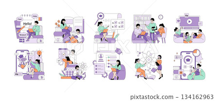 This educational vector illustration shows students learning various subjects, engaging with technology, exploring science, and collaborating together. The scene captures diverse study activities. 134162963