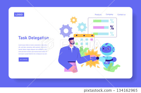 Vector illustration showing a business person shaking hands with a friendly AI robot, symbolizing collaboration in task delegation. Colorful elements enhance the futuristic theme. Vector illustration showing a business person shaking hands with a friendly AI robot, symbolizing collaboration in task delegation. Colorful elements enhance the futuristic theme. 134162965