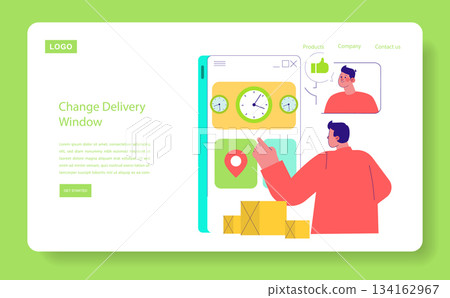 Vector illustration of a delivery management interface showing a person interacting with a smartphone app to adjust delivery times. Includes visual elements like clocks, location pins, and approval Vector illustration of a delivery management interface showing a person interacting with a smartphone app to adjust delivery times. Includes visual elements like clocks, location pins, and approval 134162967