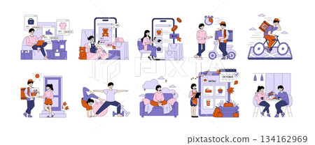 Vector illustration set depicting scenes of online shopping, delivery, fitness at home, and social dining. Emphasizes modern lifestyle activities with vibrant, engaging characters. Vector illustration set depicting scenes of online shopping, delivery, fitness at home, and social dining. Emphasizes modern lifestyle activities with vibrant, engaging characters. 134162969
