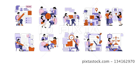 Vector illustration set depicting diverse office activities such as resume writing, teamwork, virtual meetings, real estate discussions, and financial planning. Characters engage in various tasks Vector illustration set depicting diverse office activities such as resume writing, teamwork, virtual meetings, real estate discussions, and financial planning. Characters engage in various tasks 134162970