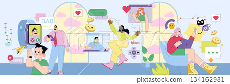 Vector illustration of diverse individuals engaged in various virtual interactions. Activities include video calls, gaming, social media, and using wearable technology, reflecting modern communication 134162981