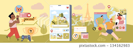 Vector illustration depicting individuals engaging with digital devices to achieve gaming milestones and connect globally. Diverse settings include virtual landscapes and social elements. Vector illustration depicting individuals engaging with digital devices to achieve gaming milestones and connect globally. Diverse settings include virtual landscapes and social elements. 134162983