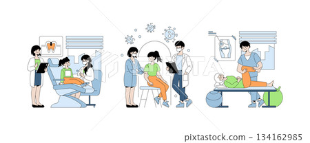 Vector illustration showing a dentist, doctor, and physiotherapist attending to patients in a healthcare setting. The image depicts professional and attentive healthcare interactions. 134162985