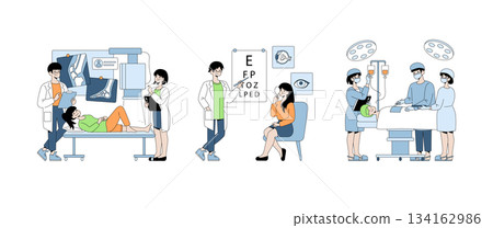 Medical professionals perform diagnostic assessments and surgery in this vector illustration. Scenes display an X-ray consultation, vision test, and operating room procedure. 134162986