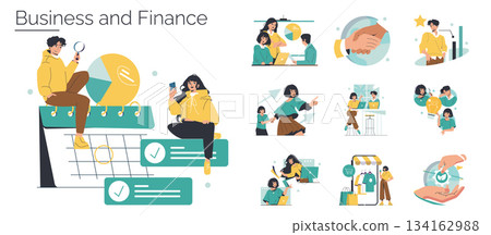 Business and finance themed vector illustration set showcasing teamwork, strategy, and progress. Features actions like planning, analysis, and collaboration in diverse business scenarios. Business and finance themed vector illustration set showcasing teamwork, strategy, and progress. Features actions like planning, analysis, and collaboration in diverse business scenarios. 134162988