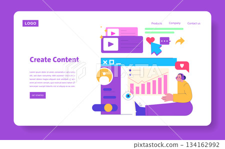 Vector illustration showcasing a person engaging in content creation alongside digital analytics elements like graphs and social icons. Colorful design emphasizes modern digital interaction. 134162992