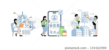 Healthcare professionals using digital devices and applications for medical data analysis and management. Vector illustration showcasing technology integration in healthcare settings. Healthcare professionals using digital devices and applications for medical data analysis and management. Vector illustration showcasing technology integration in healthcare settings. 134162999