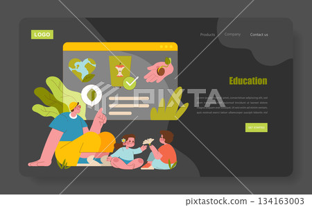Colorful vector illustration depicting an online education scene with a teacher engaging with children. Features include a website interface, educational icons, and animated interactions. 134163003