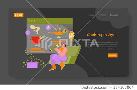 Vector illustration of a woman sitting on a chair, engaging with an interactive cooking tutorial on a futuristic digital interface. The scene includes cooking icons and colorful graphics. Vector illustration of a woman sitting on a chair, engaging with an interactive cooking tutorial on a futuristic digital interface. The scene includes cooking icons and colorful graphics. 134163004