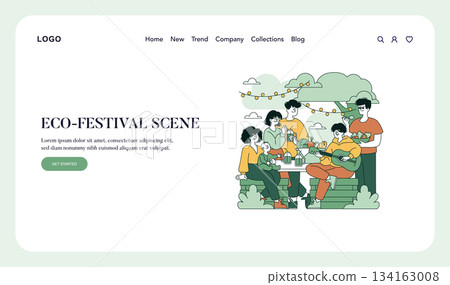 Vector illustration depicting a group of people enjoying an eco-festival. They are sitting outdoors, sharing eco-friendly drinks, playing music, and socializing in a relaxed setting. 134163008