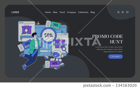 Vector illustration of a person searching for online promo codes surrounded by discount tags, packages, and browser windows. The scene captures the action of seeking discounts. 134163020