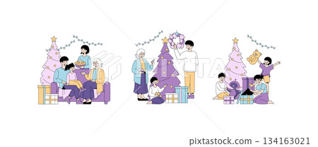 Vector illustration of a family enjoying Christmas by exchanging gifts, decorating a tree, and sharing festive treats. The scene captures warmth and joy among family members. Vector illustration of a family enjoying Christmas by exchanging gifts, decorating a tree, and sharing festive treats. The scene captures warmth and joy among family members. 134163021