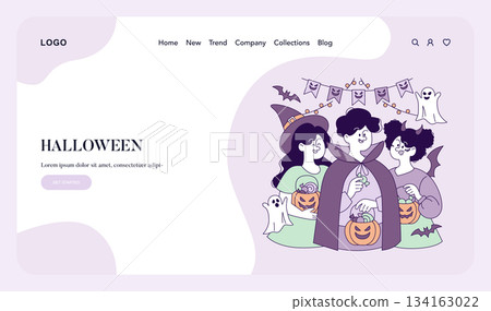 Vector illustration of three friends in Halloween costumes holding pumpkin baskets. Background features festive Halloween decorations, ghosts, and bats in a playful design. Vector illustration of three friends in Halloween costumes holding pumpkin baskets. Background features festive Halloween decorations, ghosts, and bats in a playful design. 134163022