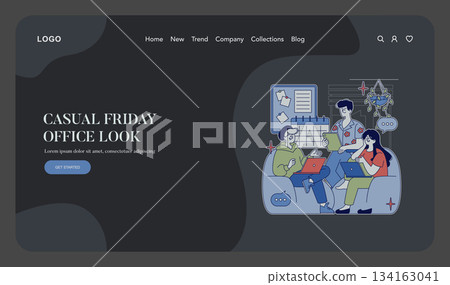 Modern vector illustration of a casual office meeting. Three colleagues discuss work on laptops and notepads in a relaxed atmosphere. Elements include calendars and notes. 134163041