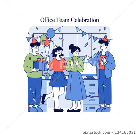 Vector illustration of an office celebration featuring colleagues in party hats exchanging gifts and enjoying the festive atmosphere, with balloons and confetti enhancing the scene. 134163051