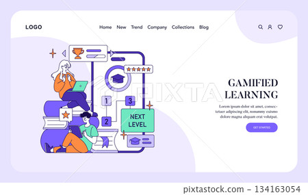 Vector illustration showcasing a gamified learning concept with two people using devices. Visual elements include progress charts, stars, and educational symbols, emphasizing engaging digital 134163054