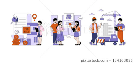 Vector illustration depicting stages of real estate: property sale with a key, couple viewing a home, and construction with professionals, highlighting diverse aspects of the industry. 134163055