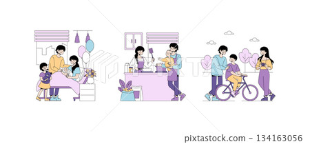 Vector illustration showing a family in three different scenarios: welcoming a baby, cooking together, and enjoying outdoor activities. Illustrates warmth, love, and togetherness. 134163056