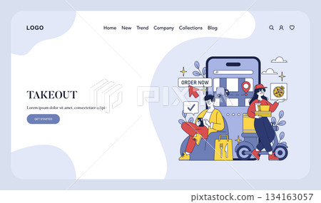 Vector illustration of two people using an online platform to order and deliver food. A person sits with a phone while another holds a food package, depicting modern takeout service. Vector illustration of two people using an online platform to order and deliver food. A person sits with a phone while another holds a food package, depicting modern takeout service. 134163057
