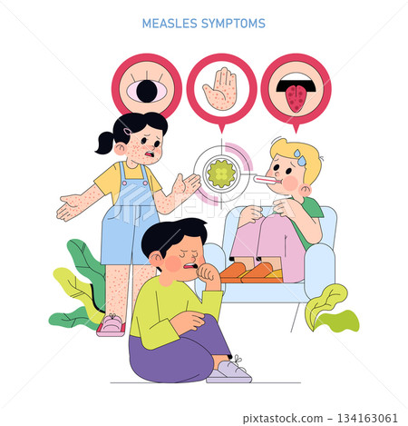 Vector illustration of children displaying measles symptoms, including rash, fever, and discomfort. The visual highlights common indicators such as spots and feverish expressions. Vector illustration of children displaying measles symptoms, including rash, fever, and discomfort. The visual highlights common indicators such as spots and feverish expressions. 134163061